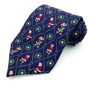 Noel Men Silk Tie Navy Red Santa Playing Golf Christmas Wreath Necktie USA Made